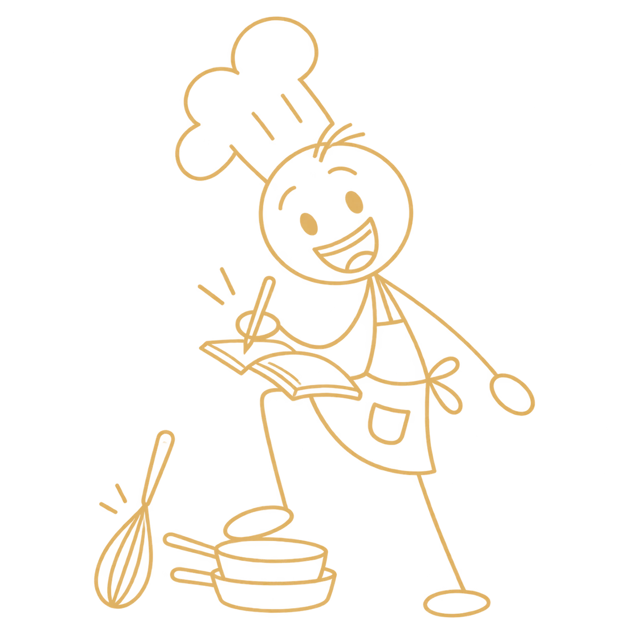A smiling chef writes in an open ledger balanced on one knee, with a small price tag hanging from the page.