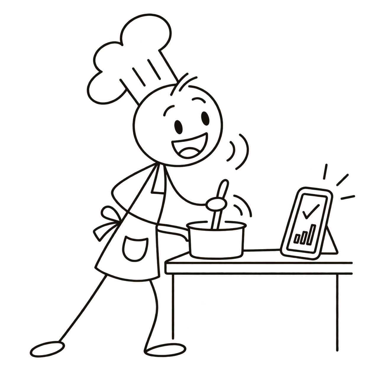 A smiling chef stirs a pot while talking to Chefnomics on a phone propped on the counter.