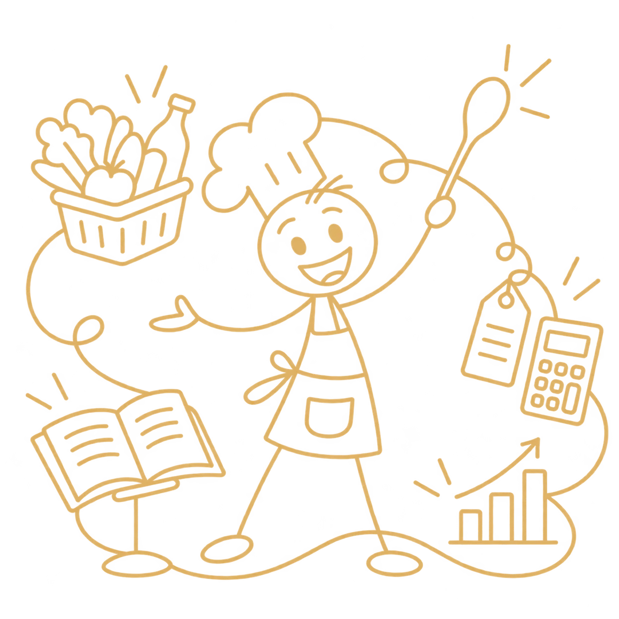 A delighted chef connecting ingredients, recipes, pricing, and performance growth