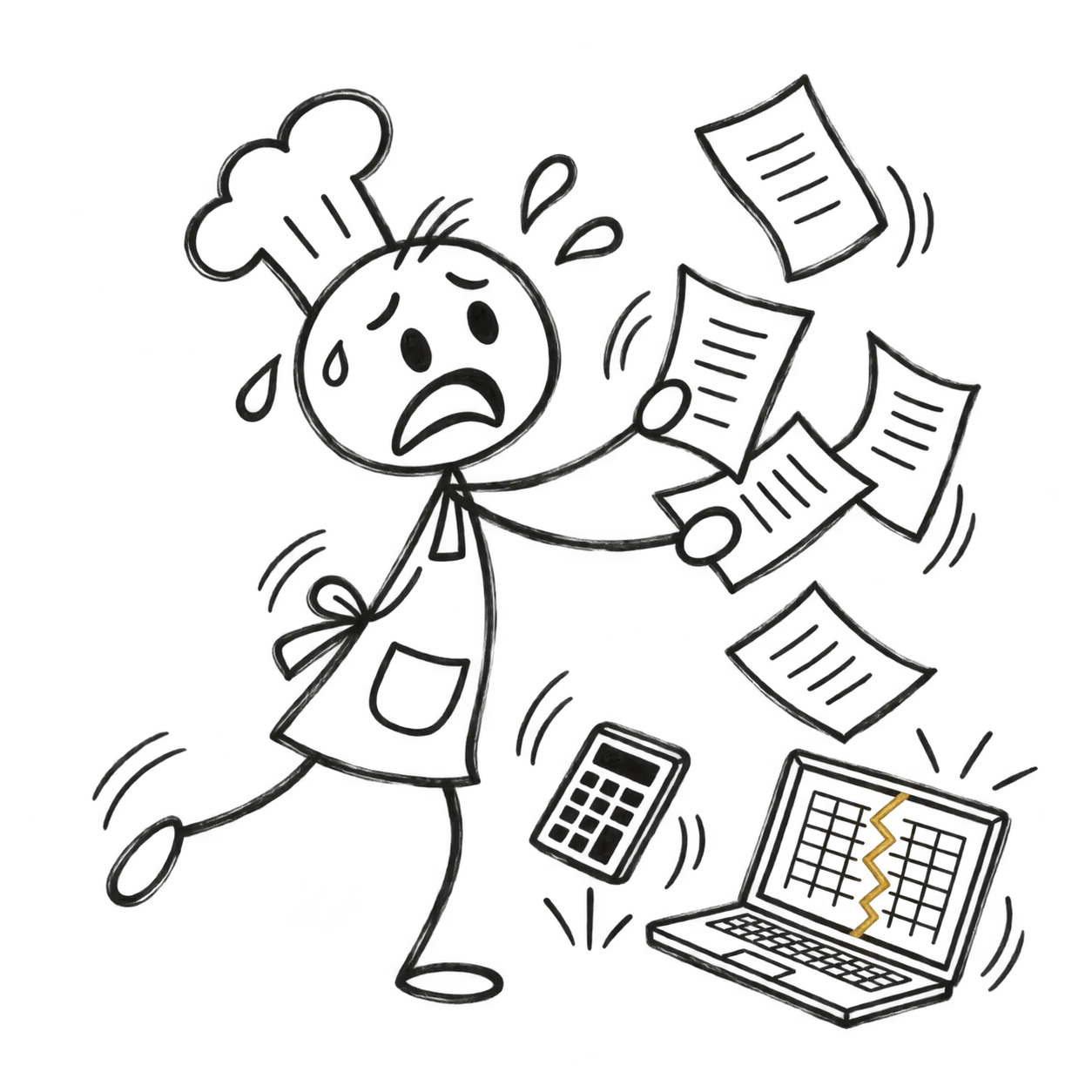 The same chef looks panicked while invoices fall, a calculator slips, and a broken spreadsheet shakes beside him.