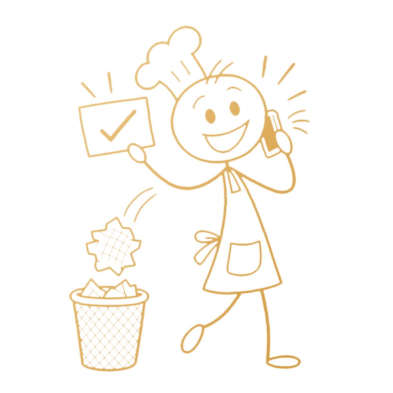 Now relieved, the chef throws away a crumpled spreadsheet, speaks into a phone, and catches one clean answer.